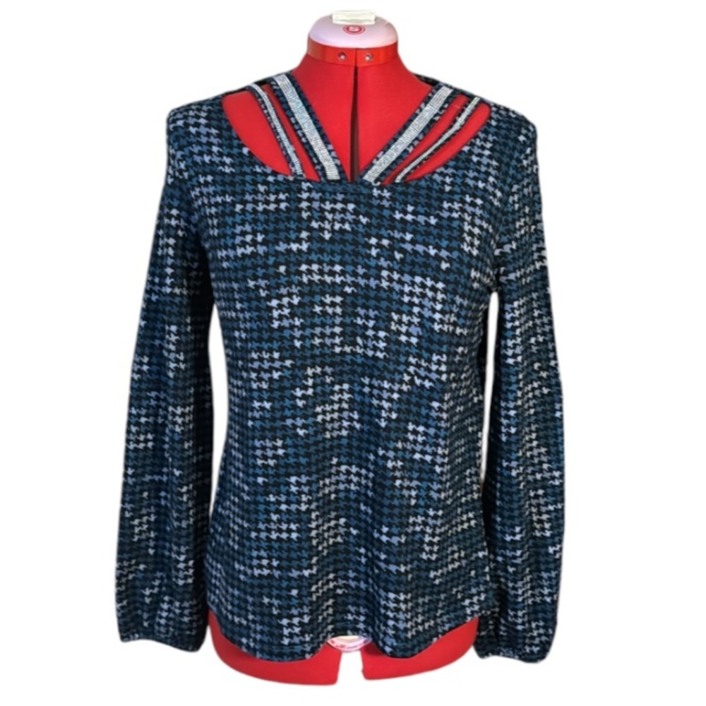 Como Blu Checkered Top with Cut Out Sequin Neck Size Medium